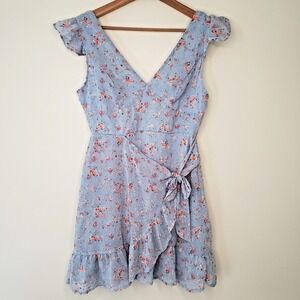 Dee Elly Blue Sheer Babydoll Dress‎ Sz S Ditsy Floral Fairy Coquette Romantic